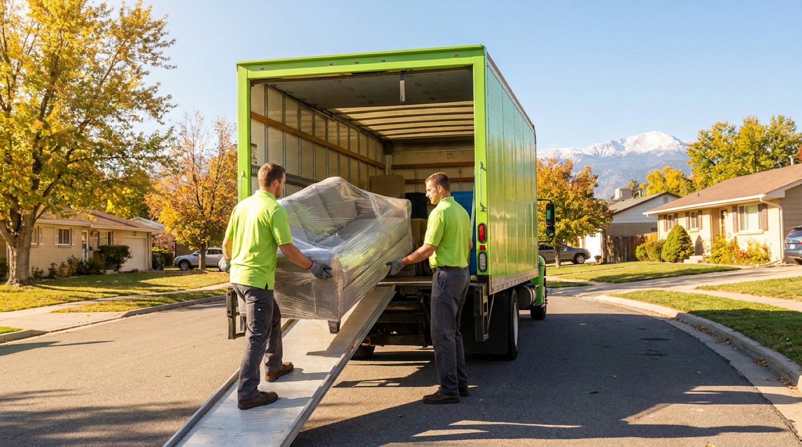 Moving truck loaded in front of a Denver house on a residential street