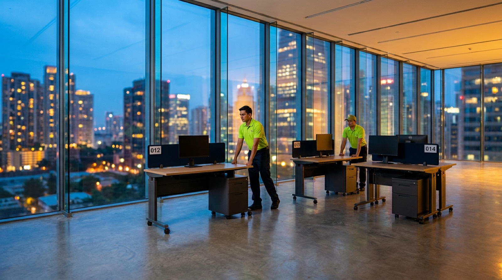 Crew moving office desks and equipment into a Denver commercial building