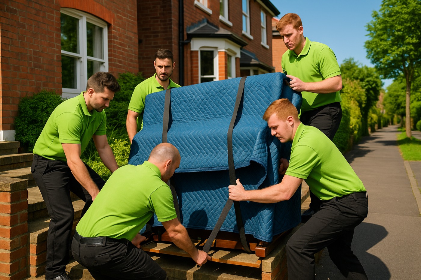 Two movers maneuvering a heavy safe on a stair-climbing dolly