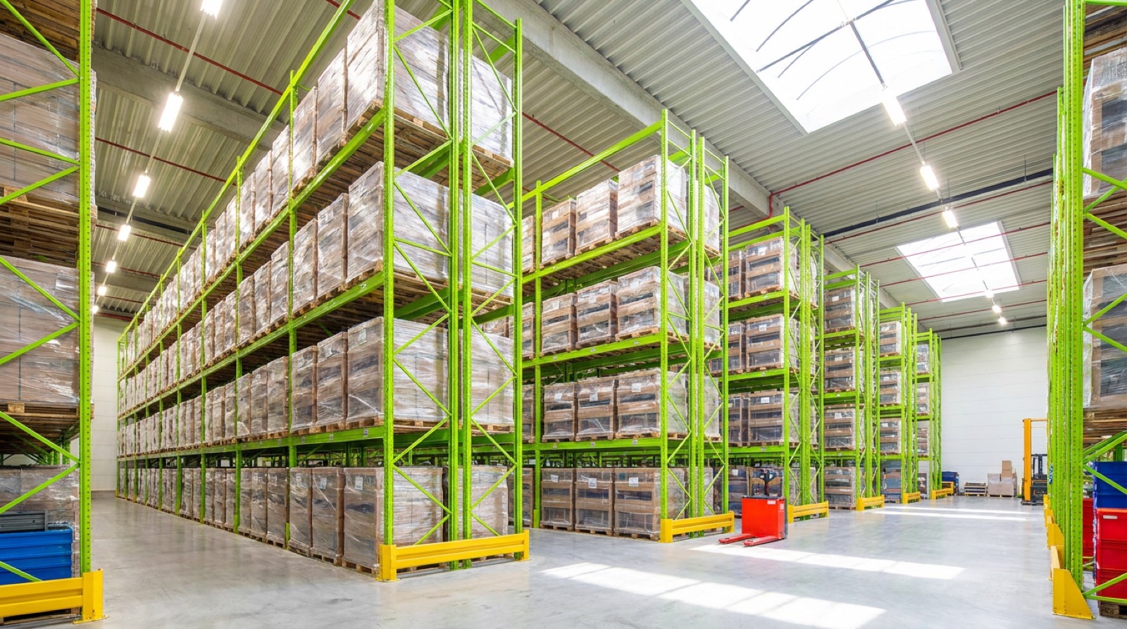 Wooden storage vaults stacked inside a climate-controlled warehouse